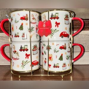 🥰 Set of Four Christmas-Themed Mugs With a Gold Coloured Metal Stacking Rack